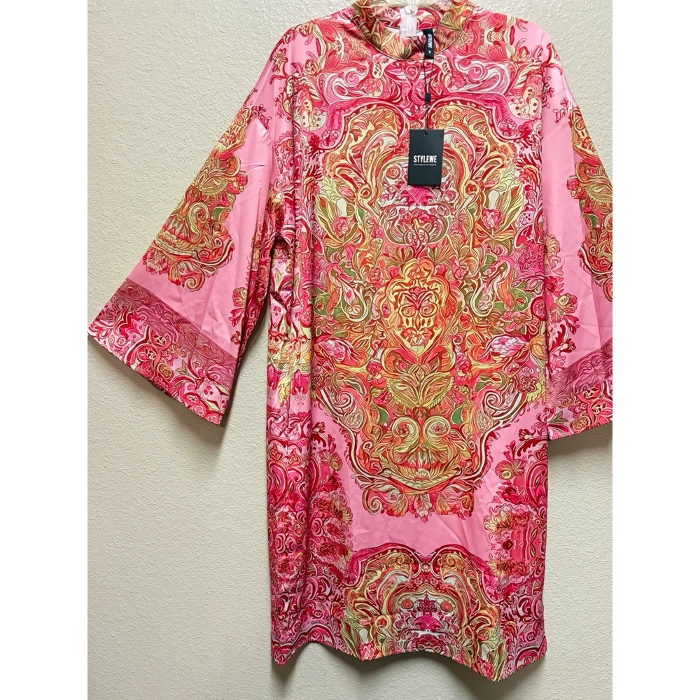 STYLEWE Pink Floral Mandarin Collar 3/4 Sleeve Chiffon Shift Dress Zip M